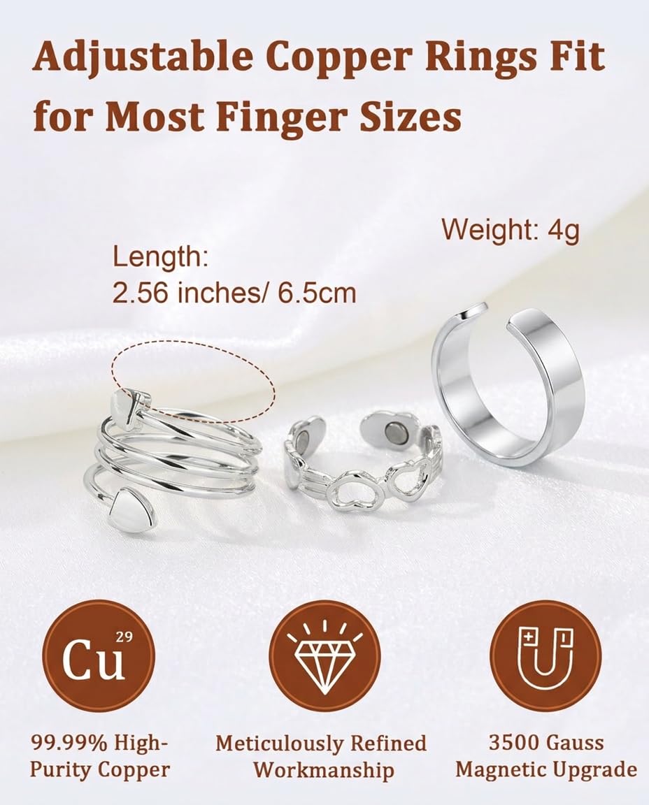 BioMag Copper Rings for Women, 99.99% Pure Copper Magnetic Rings Thumb Rings for Lymphatic Drainage, Adjustable Jewelry Gifts for Women (Silver)