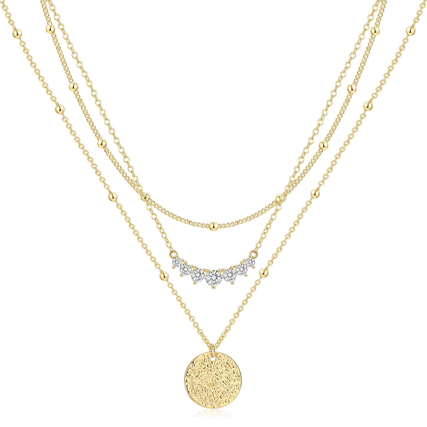 Kyerlyn layered gold necklaces for women，Stackable Stack 14K Gold Plated Chain Trendy Layering Coin CZ Simple Circle Cubic Zirconia Dainty Pendant Necklaces Set Gold Jewelry for women Gifts