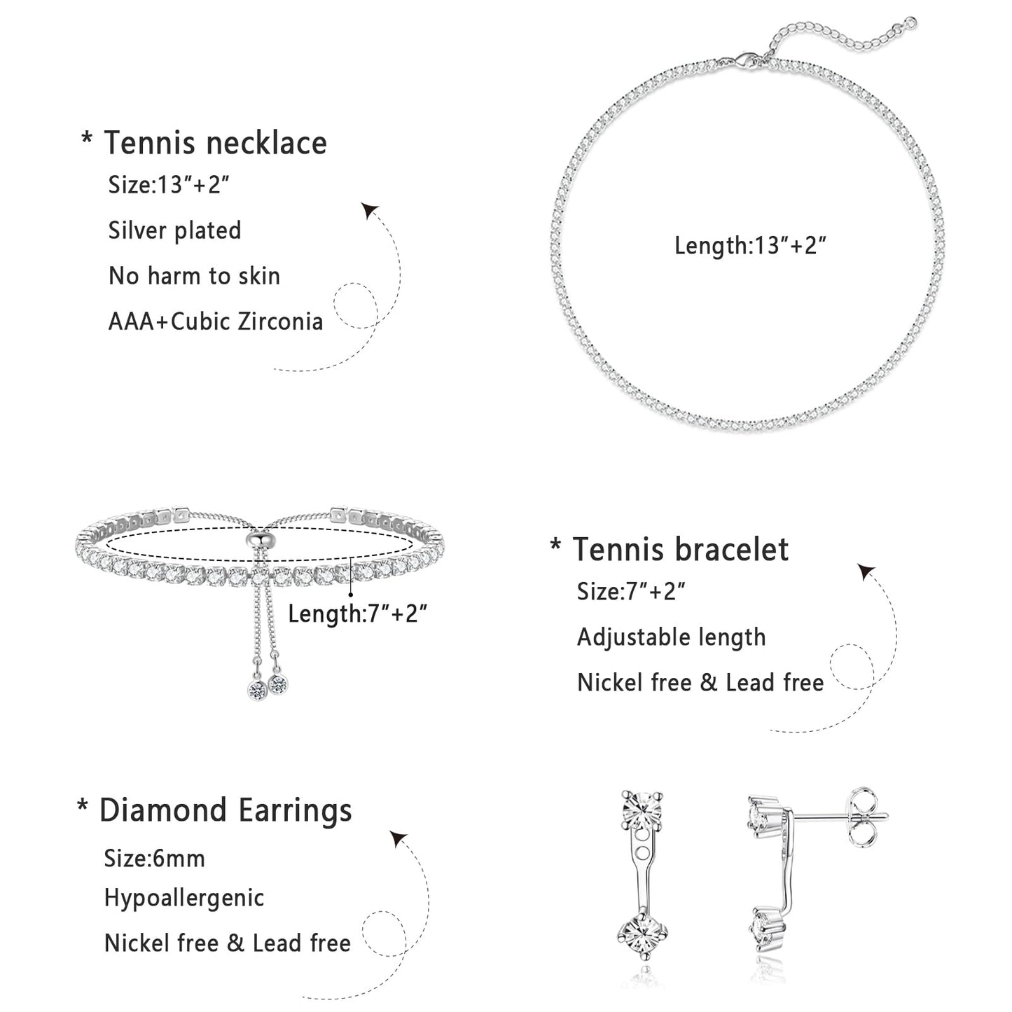LULII Tennis Necklace Set for Women Dainty Sterling Silver Necklace and Earring Sets Diamond Stud Earrings Crystal Bracelets for Women Silver Jewelry Sets for Bride Wedding Gift
