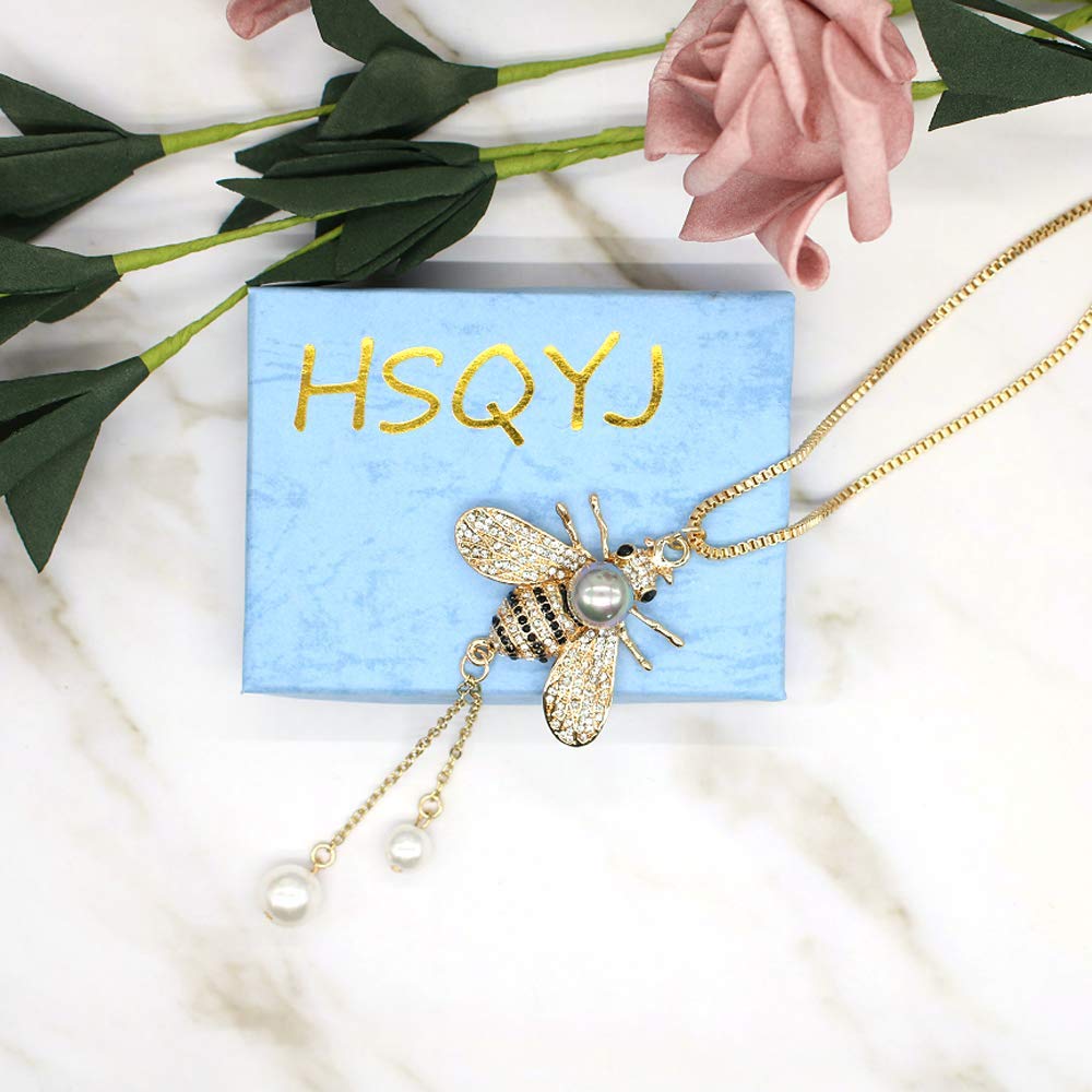 Honey Bee Necklace Crystal Insect Themed Bee Necklace Animal Fashion Shell Pearl Long Necklaces 14k Gold Plated for Women Jewelry(Gray pearl necklace)