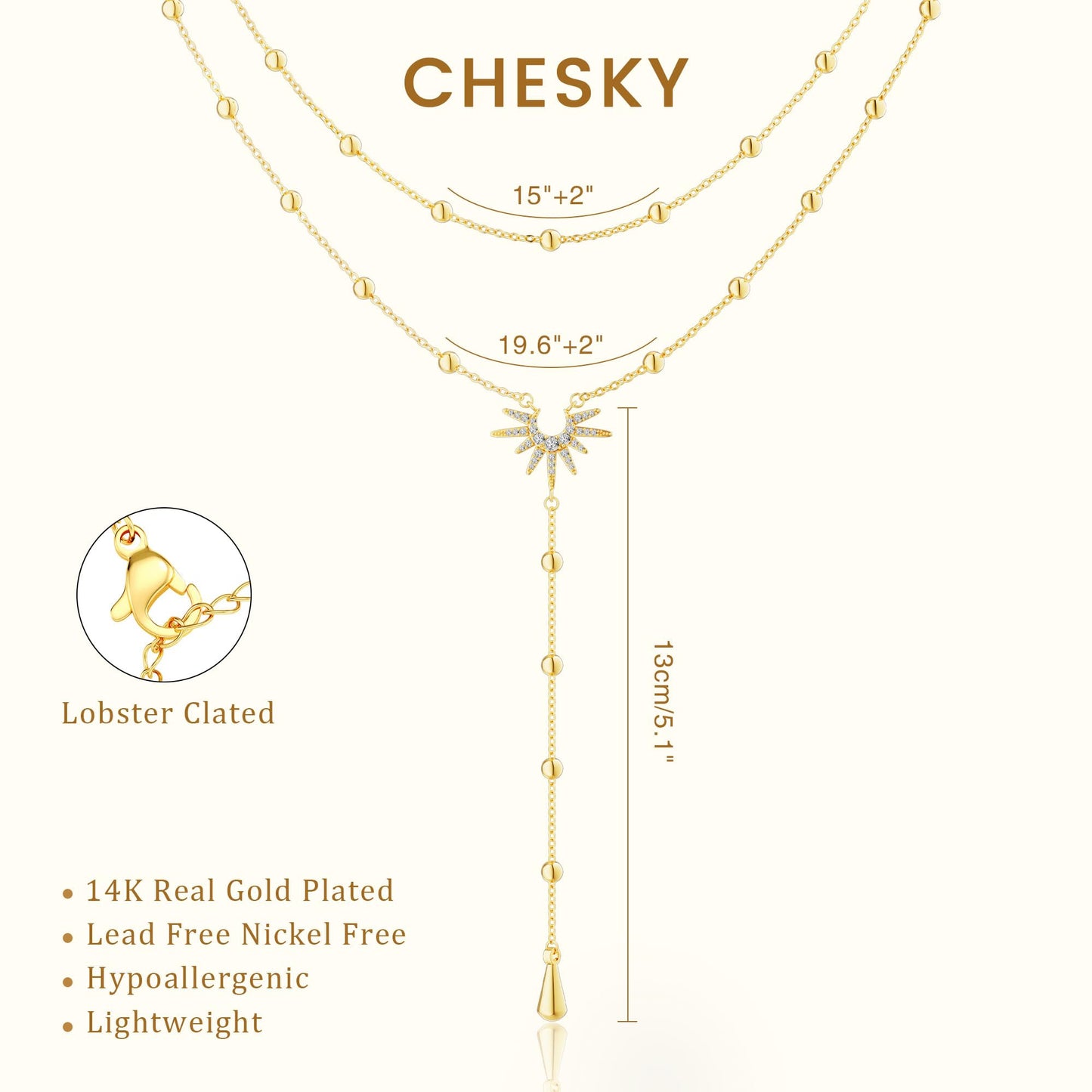 CHESKY Lariat Gold Necklace for Women, Dainty Long Necklace 14k Gold Plated Y-Shaped Pendant Necklace Trendy Layered Cz Beaded Chain Drop Necklaces Simple Gold Jewelry for Women Gifts