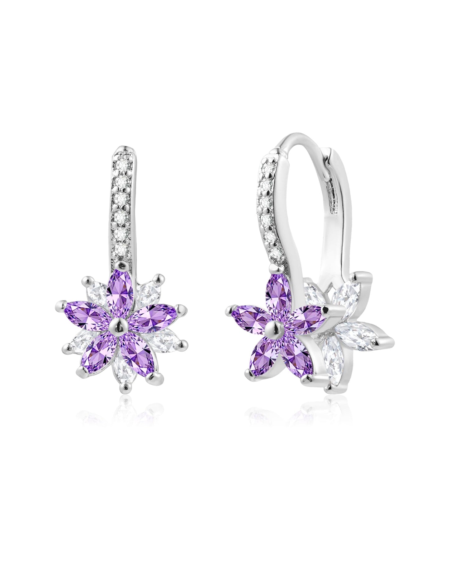 Watforsh 925 Sterling Silver Flower Earrings for Women Leverback Earrings with Purple Crystal Double Floral Hoops for February Amethyst Birthstone Jewelry