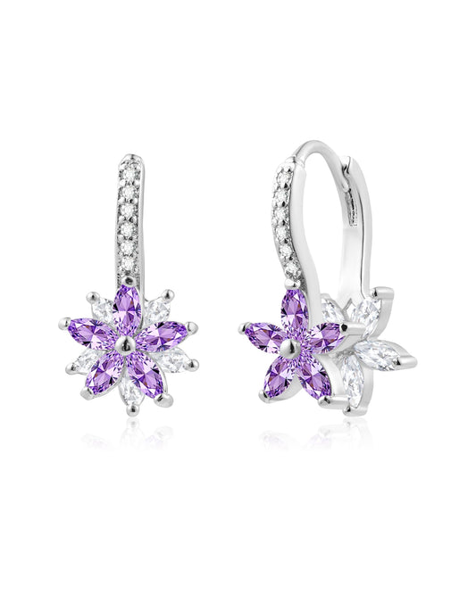 Watforsh 925 Sterling Silver Flower Earrings for Women Leverback Earrings with Purple Crystal Double Floral Hoops for February Amethyst Birthstone Jewelry