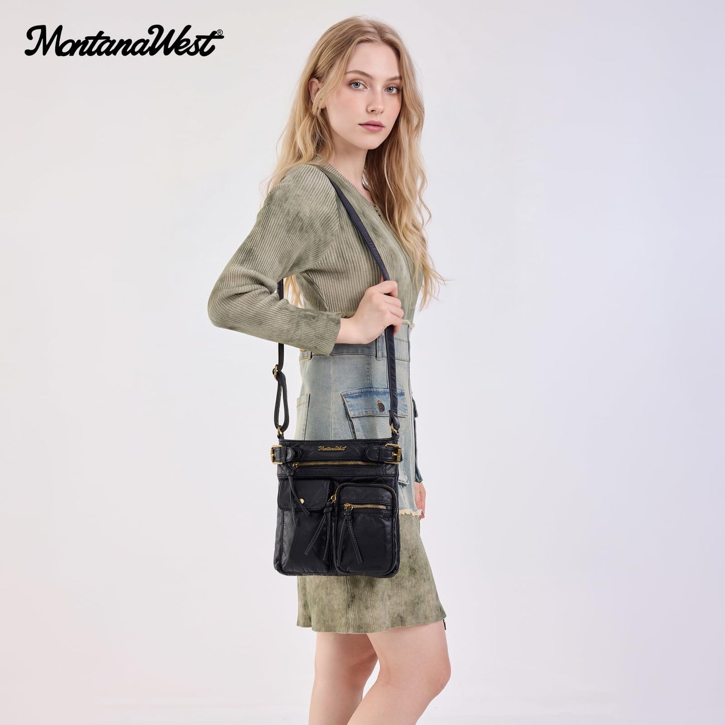 Montana West Crossbody Bag for Women Soft Leather Multi Pocket Shoulder Bags Vintage Women's Purses and Handbags Black Gift MWC-046BK