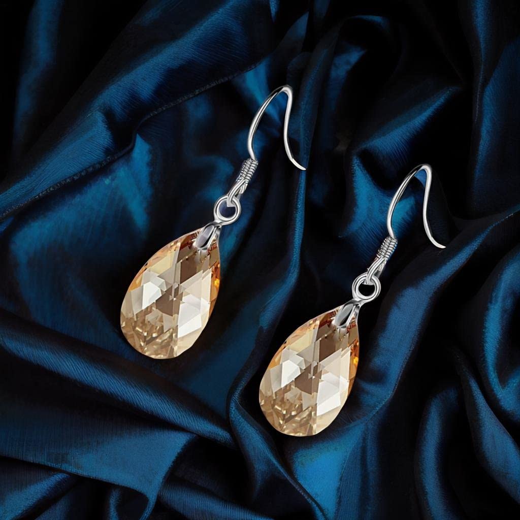Teardrop Austrian Crystal Drop Dangle Earrings for Women 925 Sterling Silver Hook Hypoallergenic Earring (Topaz)