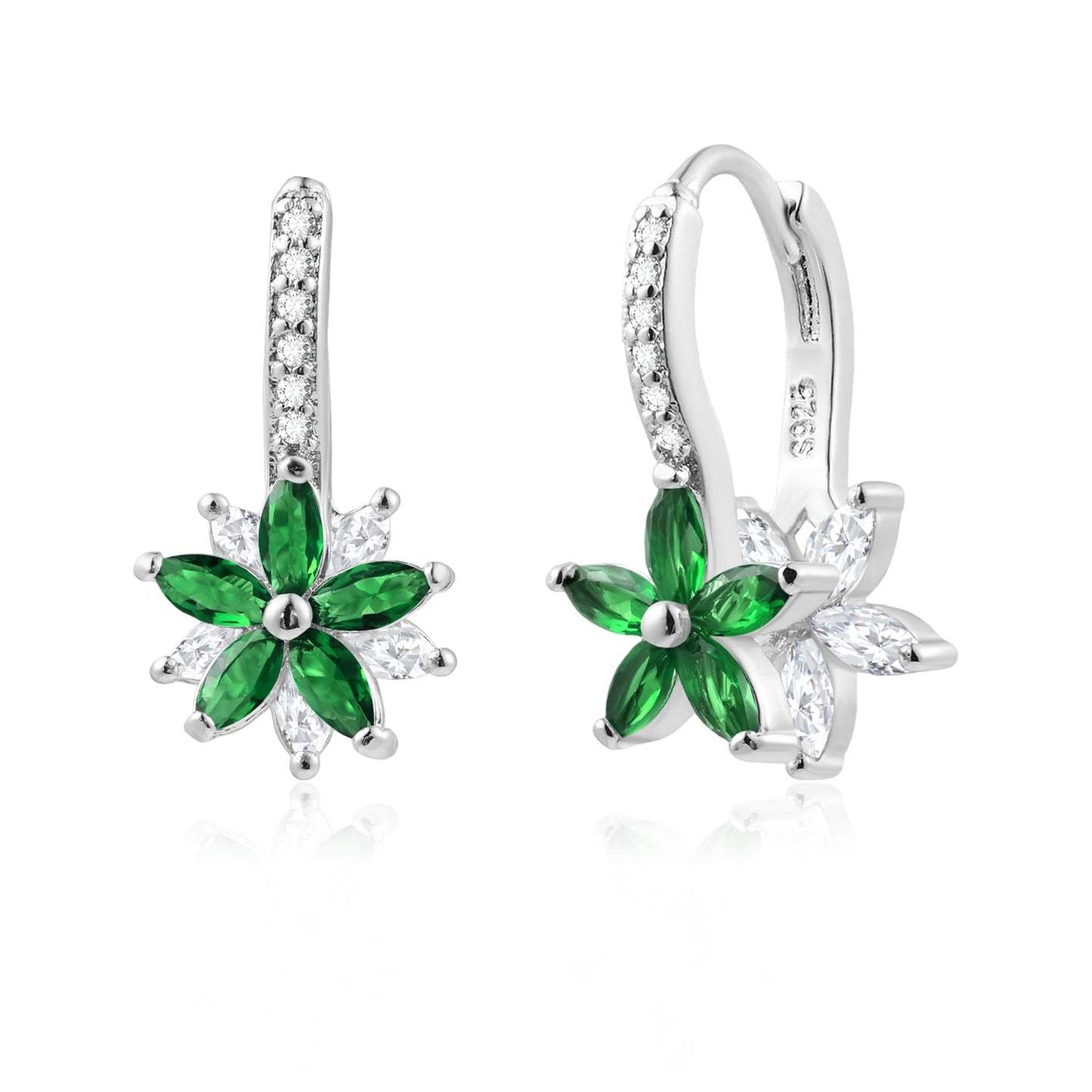 Watforsh 925 Sterling Silver Flower Earrings for Women Dangling Leverback Earrings with Emerald and White Crystal Double Floral
