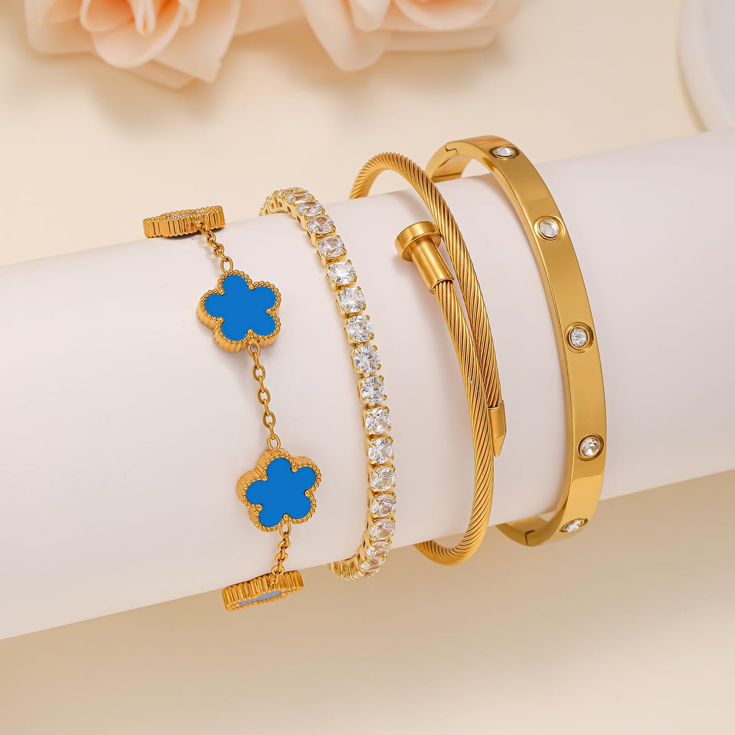 Gold Bracelets for Women, 18K Gold Plated Women Tennis Bracelets Clover Nail Love Bangle Bracelet Set, Gold Bracelet Stackable Set Trendy Jewelry, Gifts for Women's Day and Mother's Day (01-Color-blue)