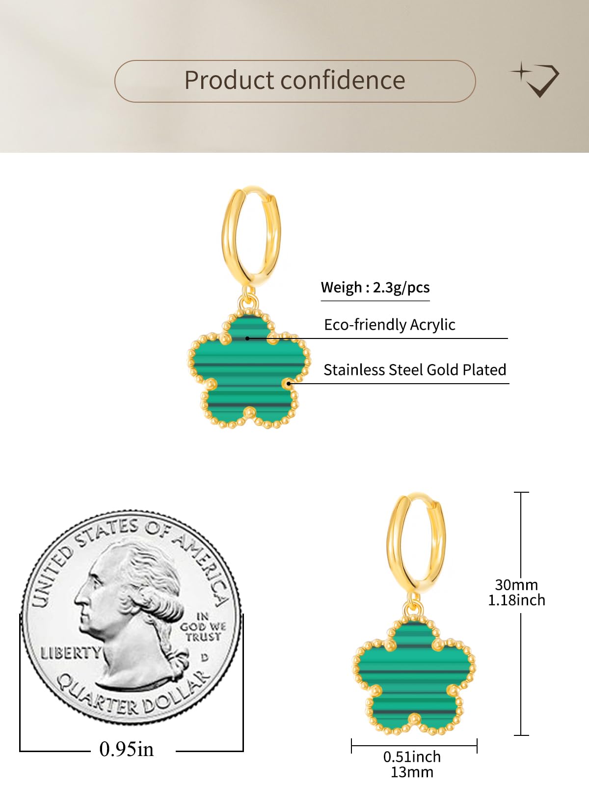 Gold Plated Five Leaf Clover Dangle Earrings for Women Lucky Flower Jewelry (Green Stripe-14K Gold Plated)