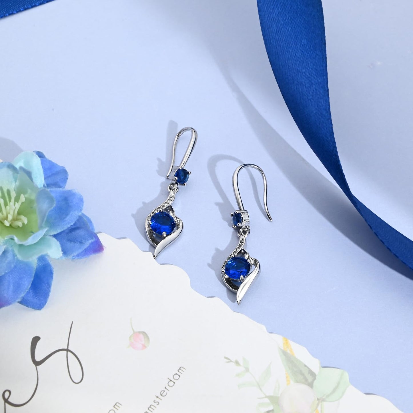 Heart Sapphire Drop Dangle Earrings-925 Sterling Silver with Blue Crystals-Long Birthstone Jewellery for Women