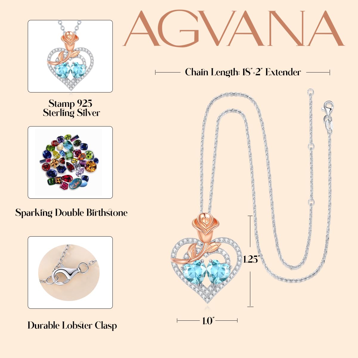 AGVANA March November Birthstone Jewelry Aquamarine Citrine Necklace Sterling Silver Rose Flower Heart Double Birthstone Pendant Necklace Anniversary Birthday Gifts for Women Mom Wife Lady Her