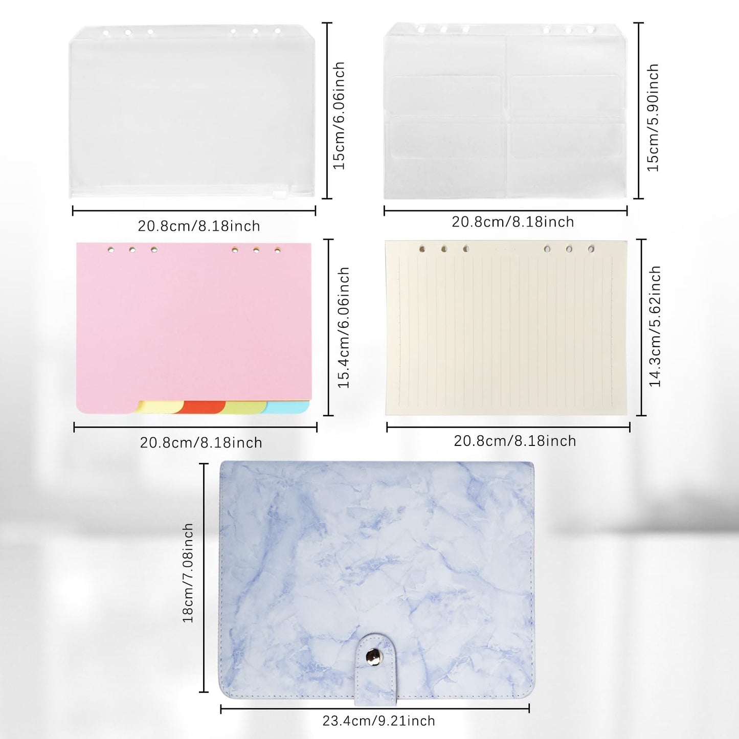 FYY A5 Binder Refillable Planner Notebook 6 Ring PU Leather Binder Journal with Pockets, Dividers, Refill Paper Marble Blue