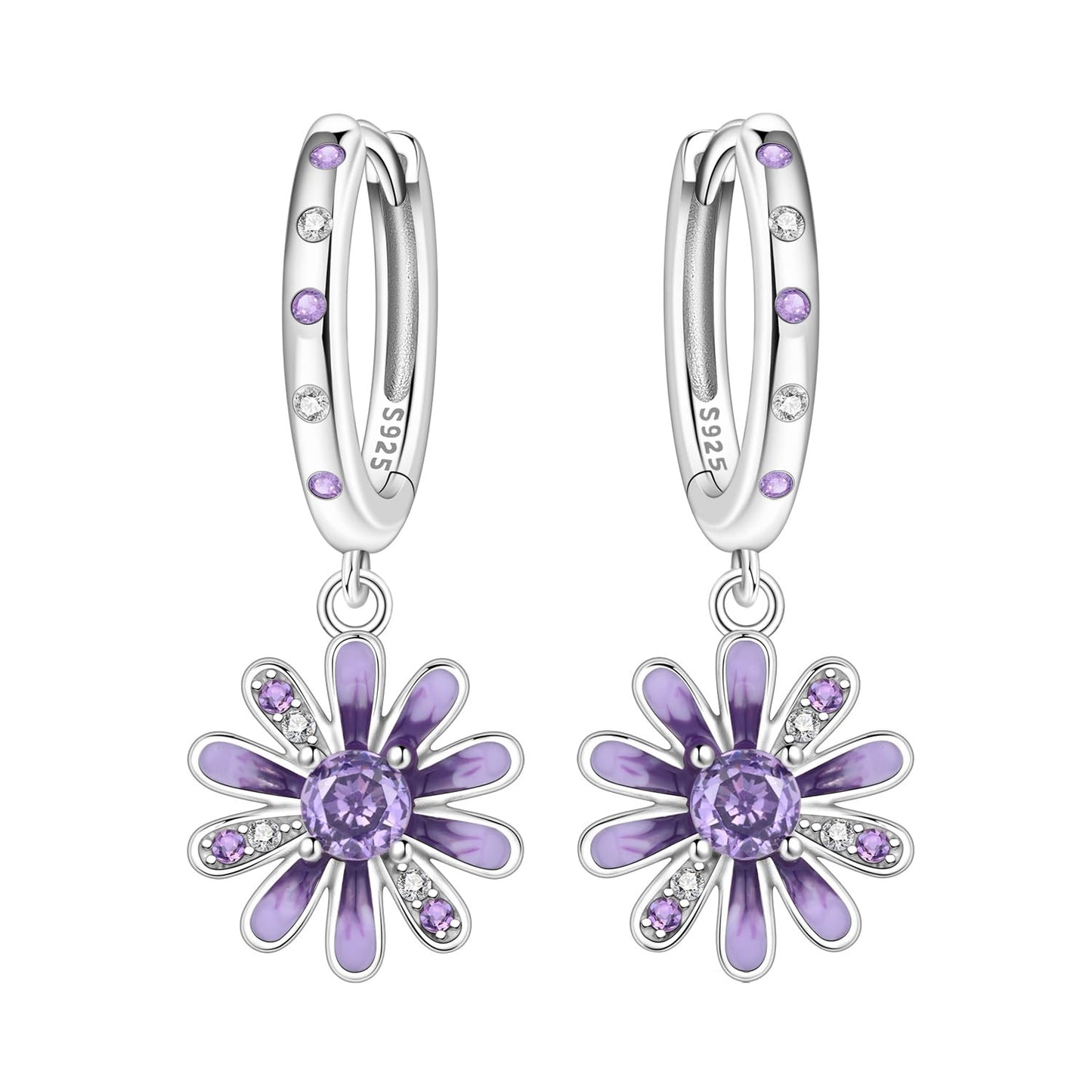 vireau 925 Sterling Silver Drop Earrings Dragonfly Flower Moon Star Dangle Earrings Hypoallergenic Sterling Silver Earrings Jewelry for Women (Purple Daisy)