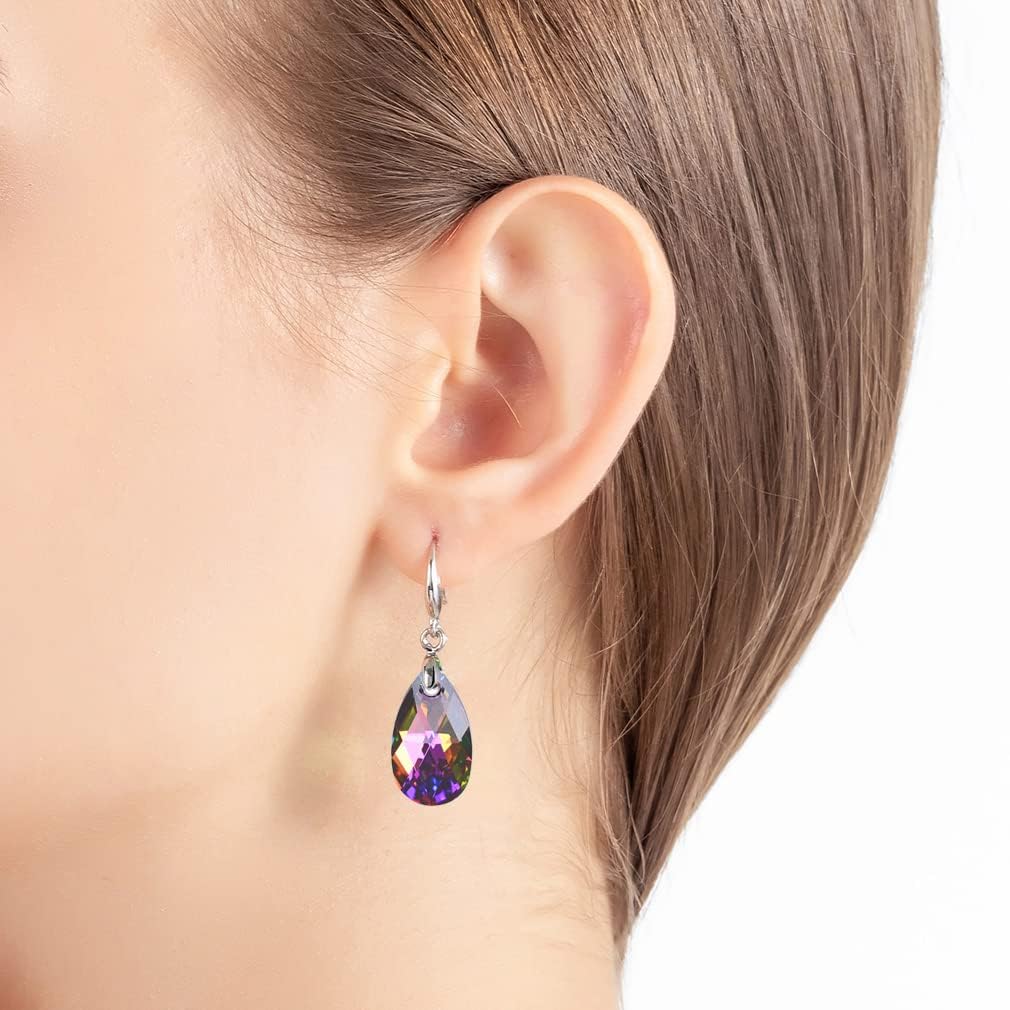 Austrian Crystal Teardrop Dangle Hook Earrings for Women 14K Gold Plated Hypoallergenic Jewelry (Rainbow Crystal)