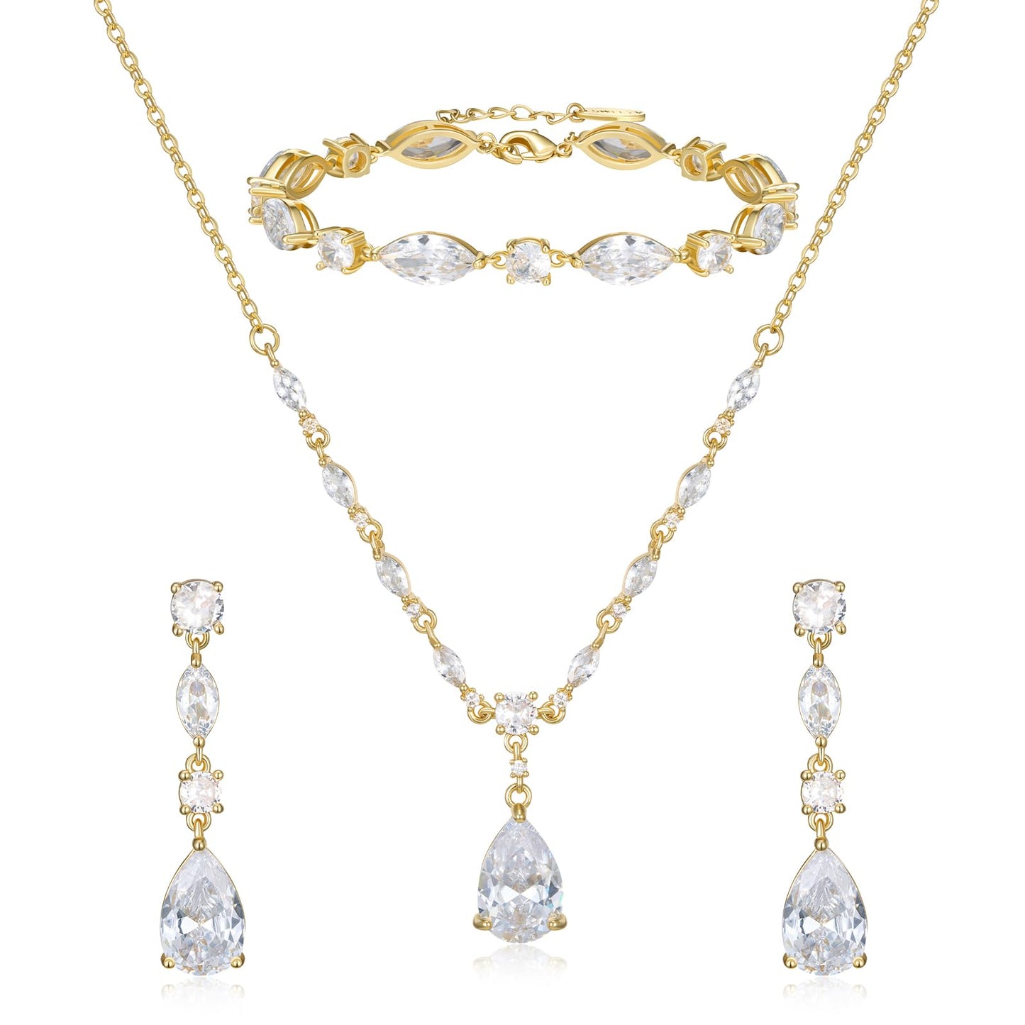 SWEETV Gold Bridal Jewelry Set for Wedding, Cubic Zirconia Necklace Dangle Drop Earrings Bracelet Set, Teardrop Marquise Brides Bridesmaids Wedding Prom Anniversary Jewelry Gifts for Women