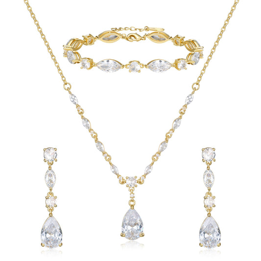 SWEETV Gold Bridal Jewelry Set for Wedding, Cubic Zirconia Necklace Dangle Drop Earrings Bracelet Set, Teardrop Marquise Brides Bridesmaids Wedding Prom Anniversary Jewelry Gifts for Women