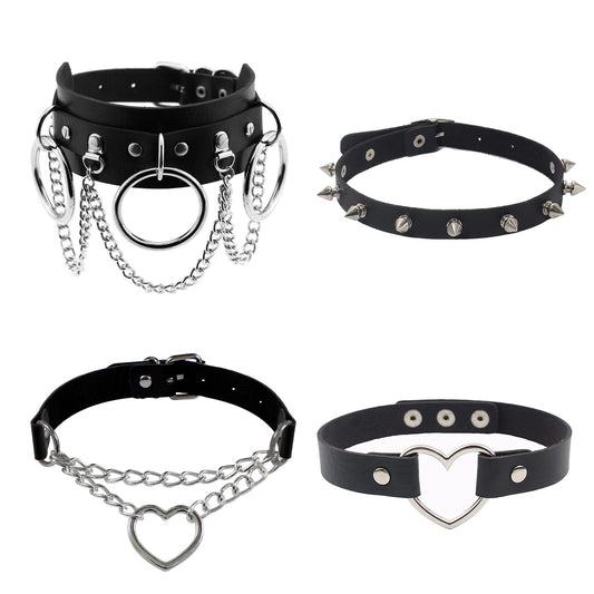 JHMAHON Halloween Sexy Women Lady Black Steampunk Gothic Goth Punk Rock Rivet Spike Studded Soft Leather Choker Collar Necklace Cosplay Night Club Party Costume Accessories Chocker Love Heart Jewelry