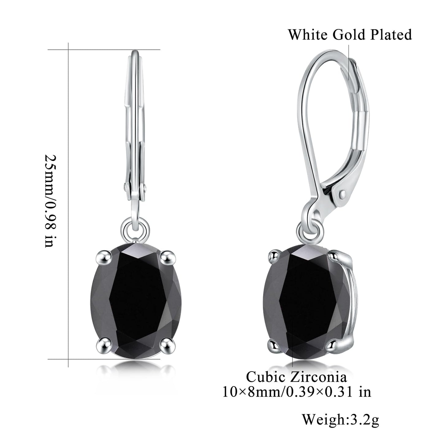 CiNily Cut-Oval Leverback Dangle Earrings for Women Black Cubic Zircon 14k White Gold Plated Hypoallergenic Hanging Earrings Lightweight Summer Drop Earrings