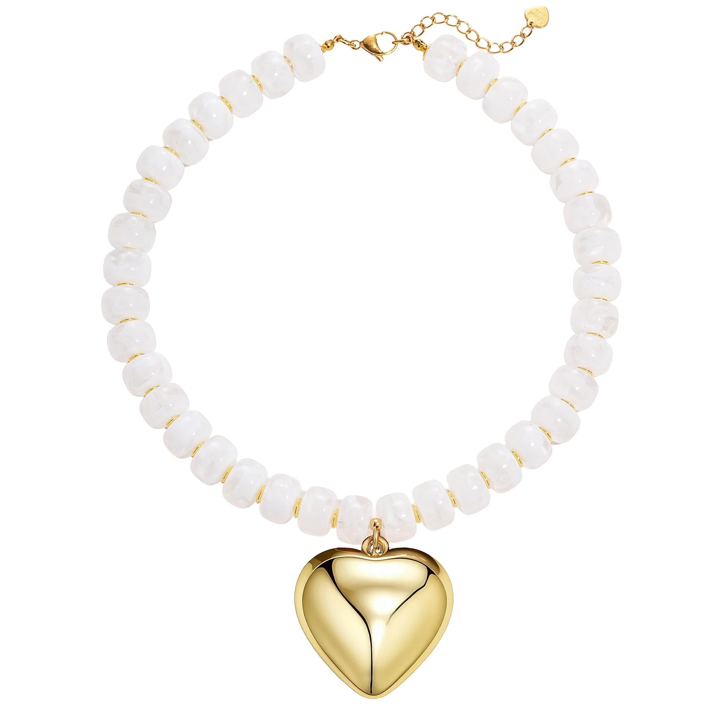 MIUSISHIYU Cream White Faux Alabaster Resin Chunky Necklaces for Women, Trendy Beaded Puffy Gold Heart Pendant Statement Choker, Lightweight Boho Y2K Summer Beach Jewelry