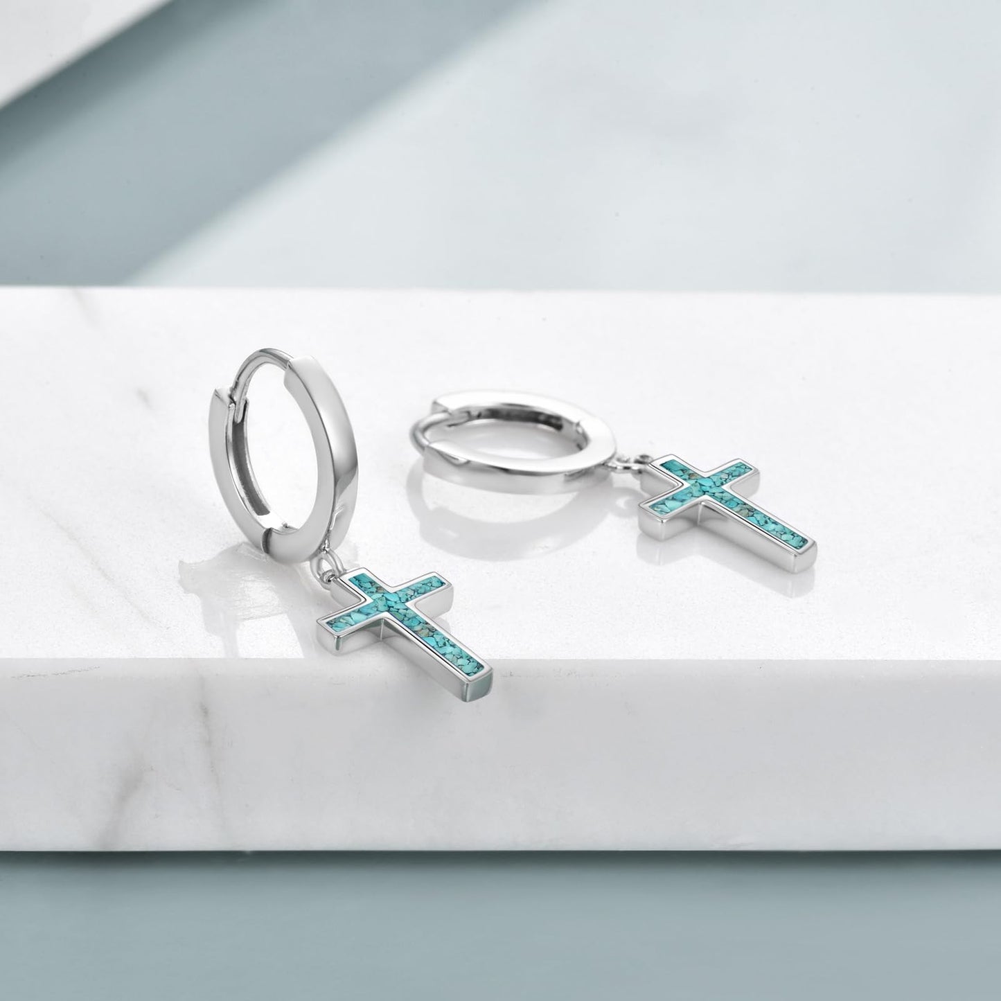925 Sterling Silver Cross Hoop Earrings Turquoise Dangle Drop Earrings Huggie Jewelry Birthday Gifts for Women (Turquoise Cross)