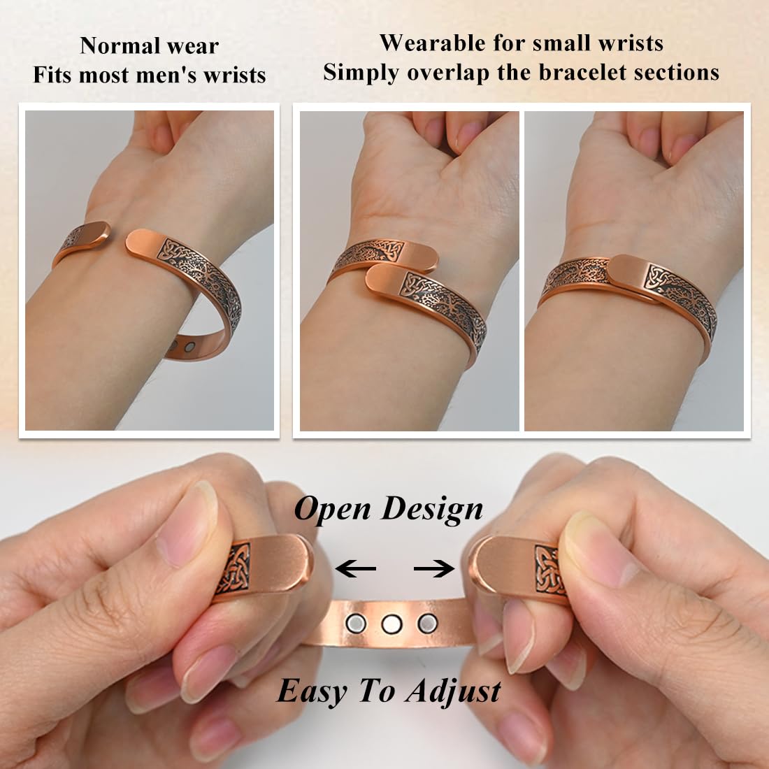 Vicmag Copper Magnetic Bracelet for Men Magnetic Bracelets 9X Ultra Strength Magnets Tree of Life Pattern Adjustable 99.9% Solid Pure Copper Present(Tree & Ring)