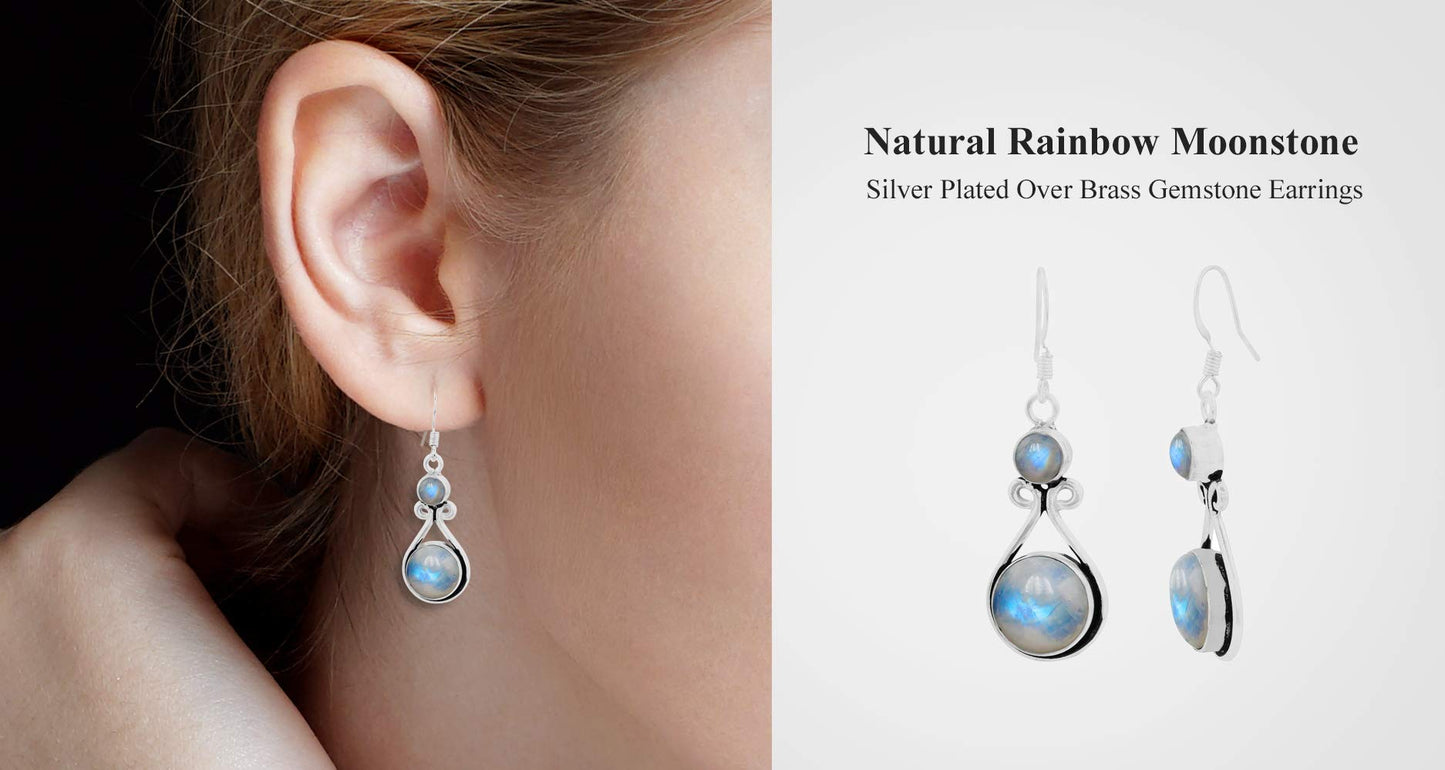 Natural Moonstone Silver Plated Dangle Earrings for Women - June Birthstone Round Gemstones Drop Earrings Handmade Jewelry - Anniversary Wedding Gift for Her