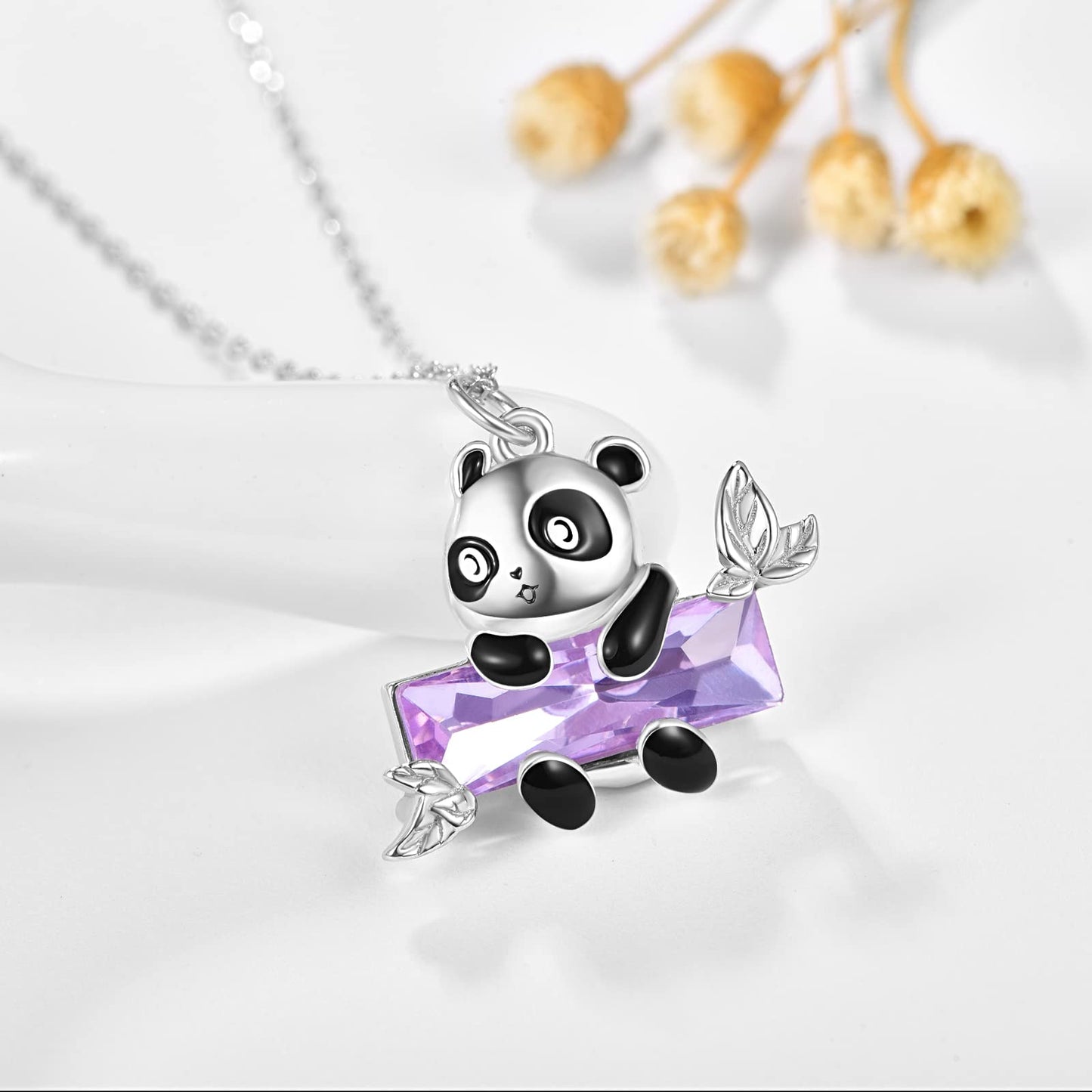 AENEAS Panda Necklace Sterling Silver Panda Pendant Necklace Purple Crystal Jewelry Gifts for Women Wife Daughter