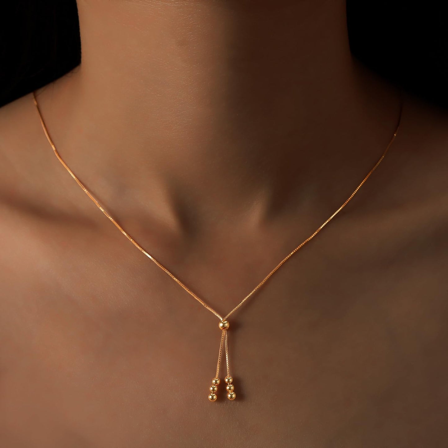 UTISUVIKO Lariat Gold Necklace for Women S925 Sterling Silver Dainty Layered Bead Necklaces 14k Gold Adjustable Y-Shaped Tassel Round Beaded Pendant Long Chain Necklace for Wedding Mother's Day Jewelry(Gold)