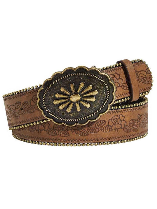 Yalice Western Brown Belt for Women Vintage Cowgirls Leather Jeans Belts with Embossed Buckle (Brown-Oval Buckle, Fit Waist Size: 27''-33'')