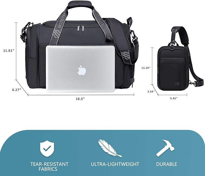 Gym Bags for Men Women, 42L Large Travel Duffle Bag, Carry On Bag for Airplanes with Shoe Compartment for Sports, Weekend Trips, Overnight and Camping - Black