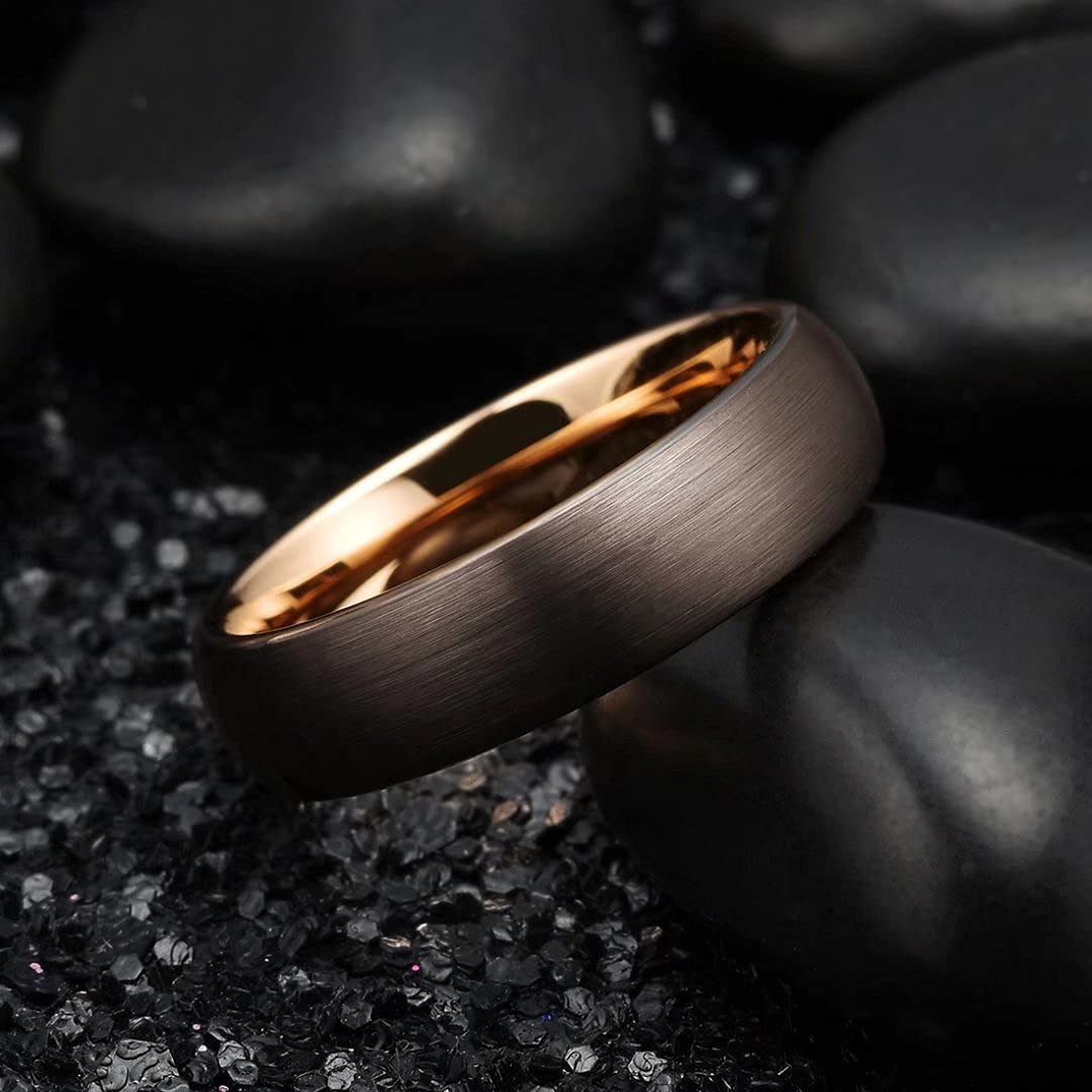 King Will 6mm Brown and Rose Gold Wedding Band for Men Women, Domed Brushed Tungsten Carbide Rings, Comfort Fit, Size 10.5
