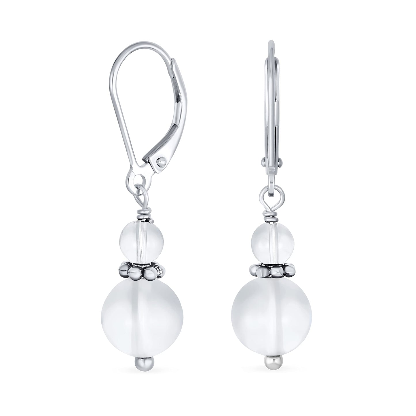 Bling Jewelry Bali Style .925 Sterling Silver White Jade Bead 3MM & 8mm Balls Drop Earrings Milgrain Rondel Separator Lever Back Genuine Gemstone