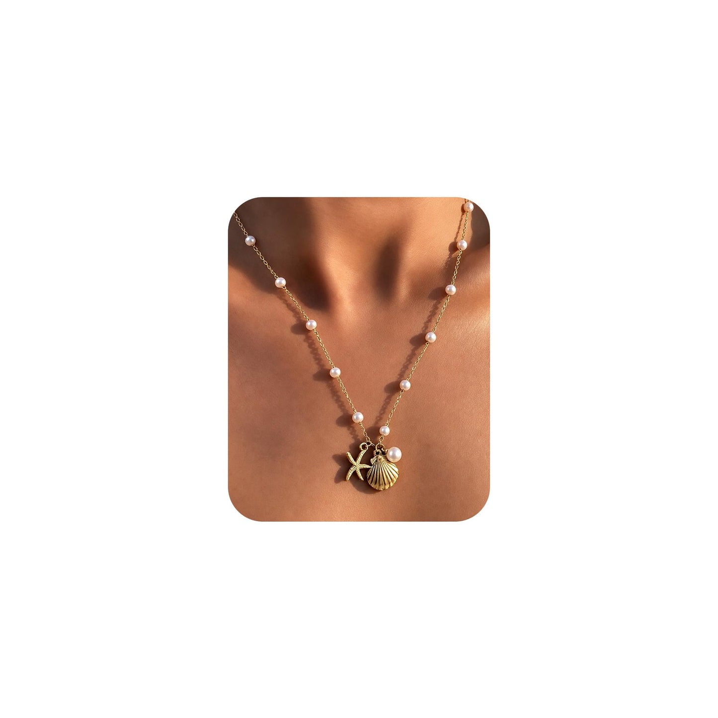 Seashell Necklace Beach Starfish Layered Necklaces for Women Non Tarnish Waterproof Gold Necklace Stack Dainty Paperclip Cute Shell Pearl Pendant Ocean Charm Trendy Summer Beach Vacation Jewelry Gift (Starfish&Shell&Pearl)
