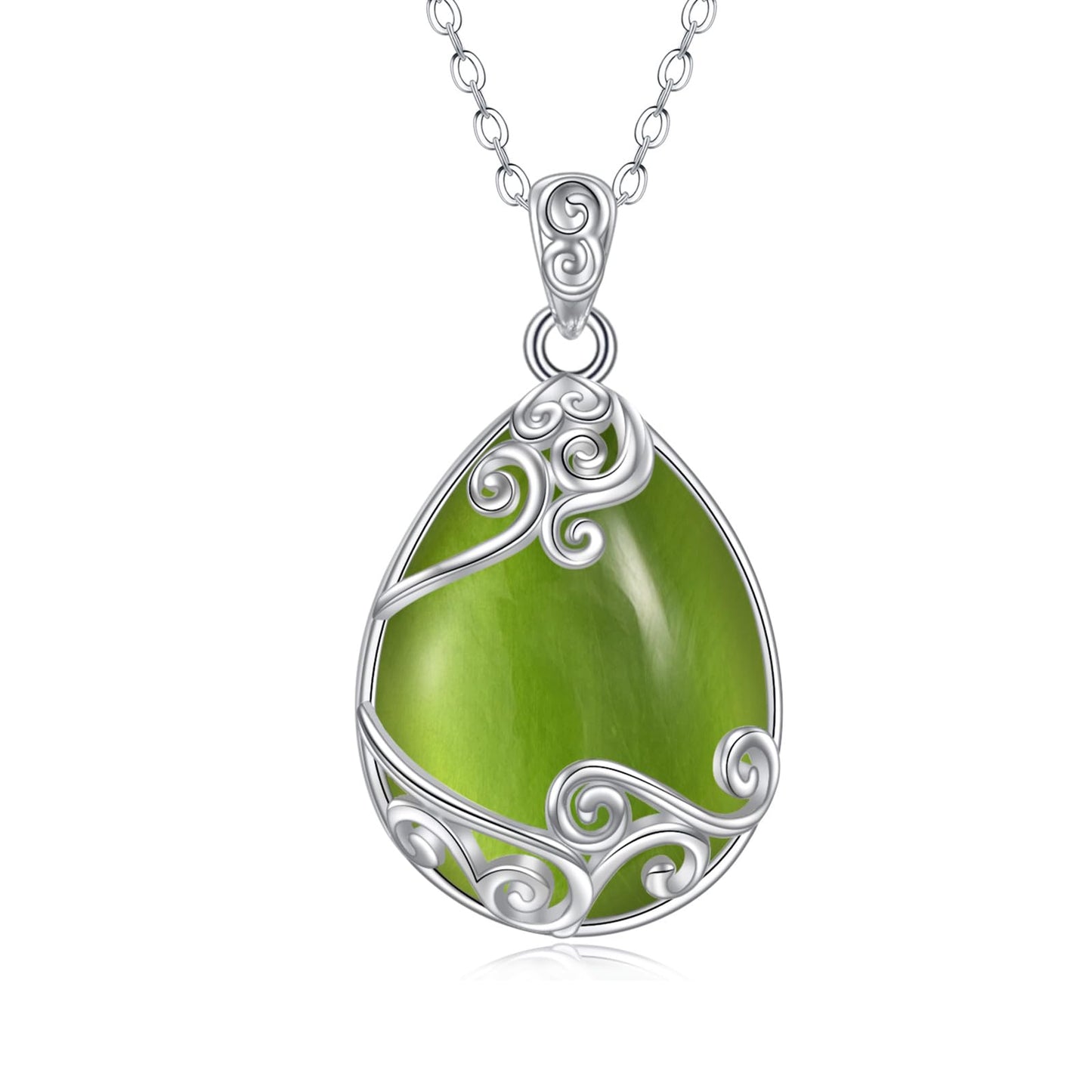 YAFEINI Sterling Silver Peridot Teardrop Pendant Necklace - Green Filigree Natural Stone Jewelry Gifts for Women
