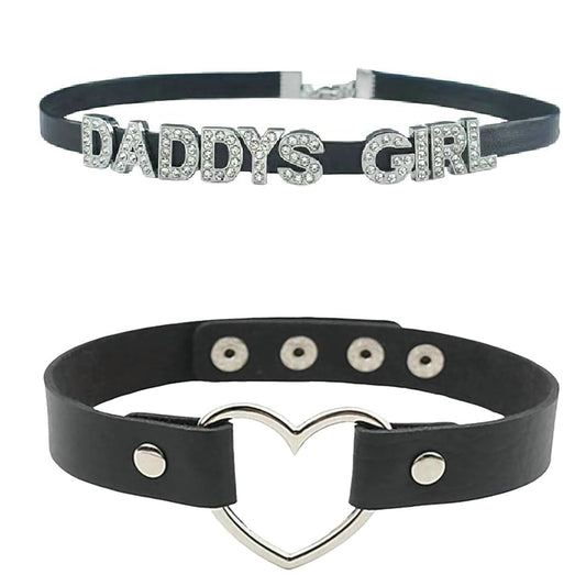 GlitterWe 2Pcs Daddy's Choker For Dating,Gothic Love Heart Leather Choker Necklace for Women,Punk Studded Rivet PU Collar Necklace With Spikes,Black Adjustable Letters Jewelry with Chain For Halloween Valentine's Day