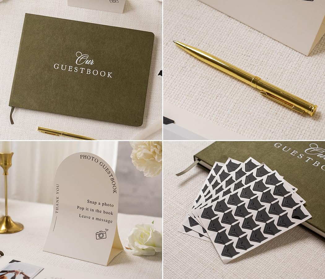 Modern Album Designs Our Wedding Photo Guest Book Set - Sign, Photo Corner Stickers Pen, Box, Layout Pages for Instant Photos Photo Booth Weddings Bridal Showers Engagement Events (Olive)