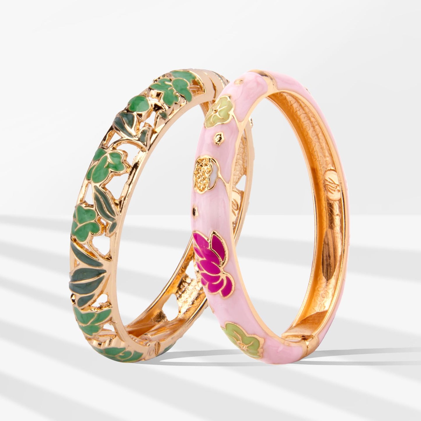 UJOY Cloisonne Bracelet Lotus Flower Gold Plated Cuff Bangle Enameled Jewelry Bracelets Gift for Women Pack in Case 88B04-55A35 Green Pink