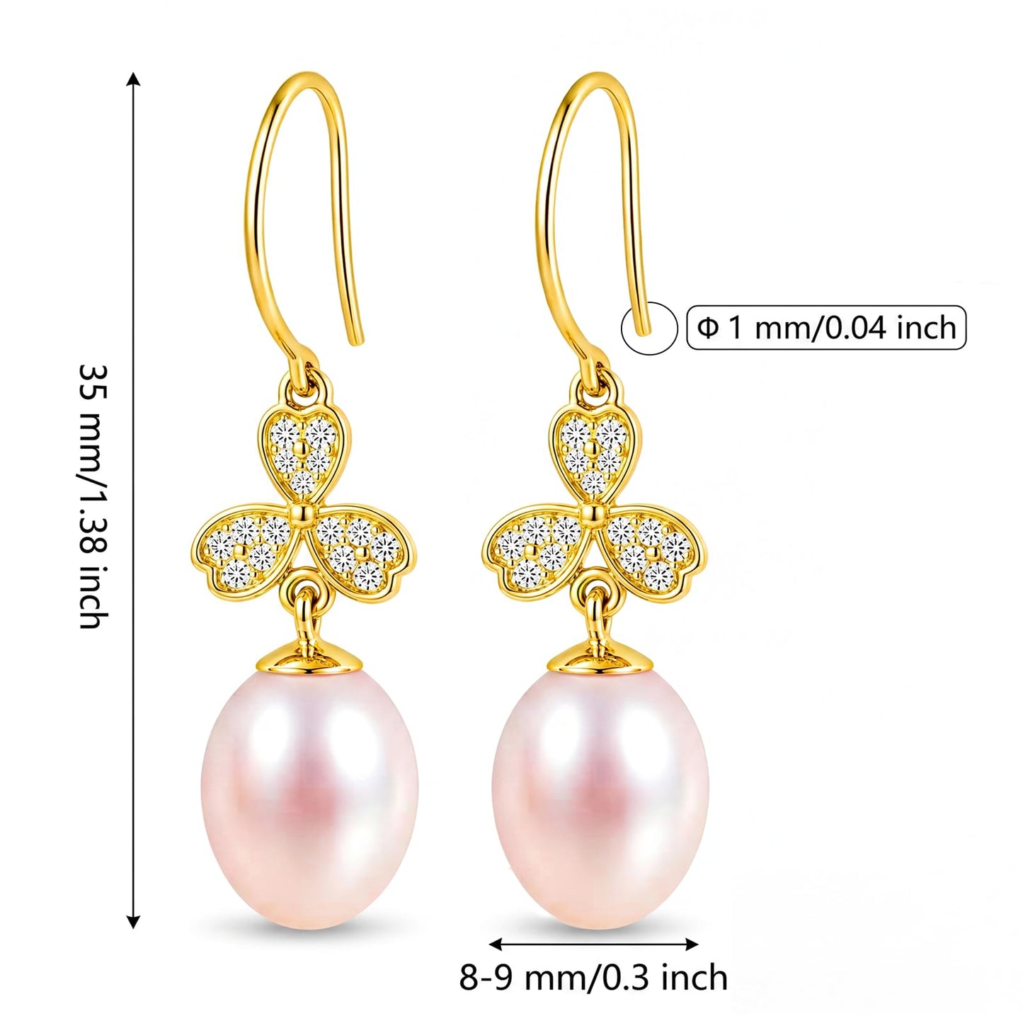 Pearl Drop Earrings for Women, Gold Plated & 925 Sterling Silver, Pink & White Dangle Earrings, Dainty Cute Elegant Bridal Wedding Gift for Her