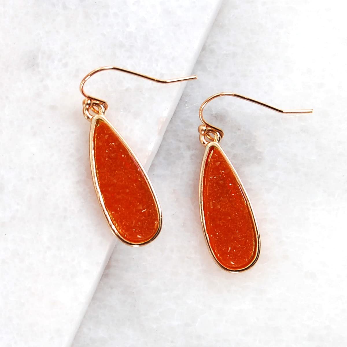 Simulated Druzy Drop Dangles - Sparkly Bohemian Long Teardrop Dangly Earrings for Women, Gold Tone - Red Stone