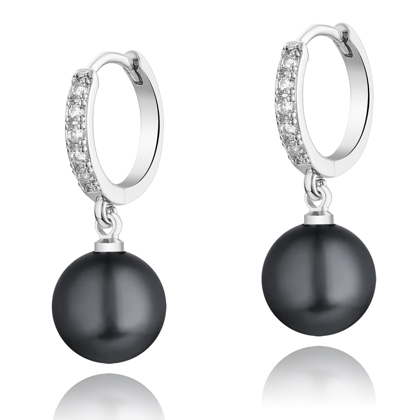 CERSLIMO Black Pearl Drop Earrings for Women | S925 Sterling Silver Post Simulated Shell Pearl Hoop Dangle Earrings, Hypoallergenic Cubic Zirconia Huggies Earrings Jewelry