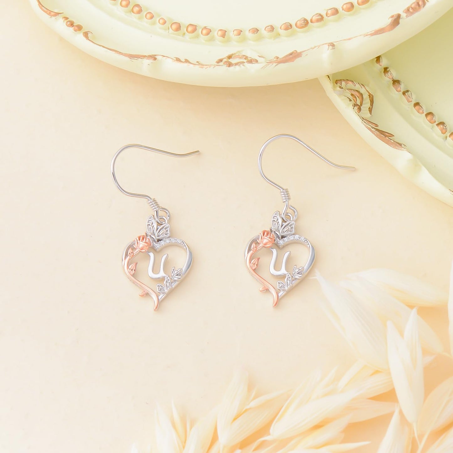 TOUPOP Rose Heart Initial Earrings Sterling Silver Butterfly Earring Initial U Letter Drop Dangle Earrings Jewelry Anniversary Birthday Mothers Day Gifts for Women Mom Wife Girlfriend Her
