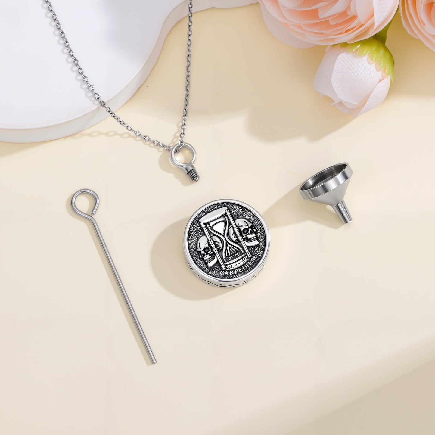 Memento Mori Urn Necklace for Ashes Gothic Skull Pendant Tree of Life Hourglass Cremation Memorial Jewelry Amulet Protection Necklace Gift for Men Women Him Her