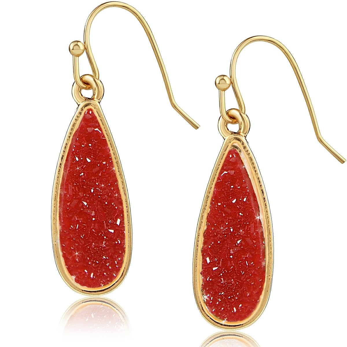 Simulated Druzy Drop Dangles - Sparkly Bohemian Long Teardrop Dangly Earrings for Women, Gold Tone - Red Stone