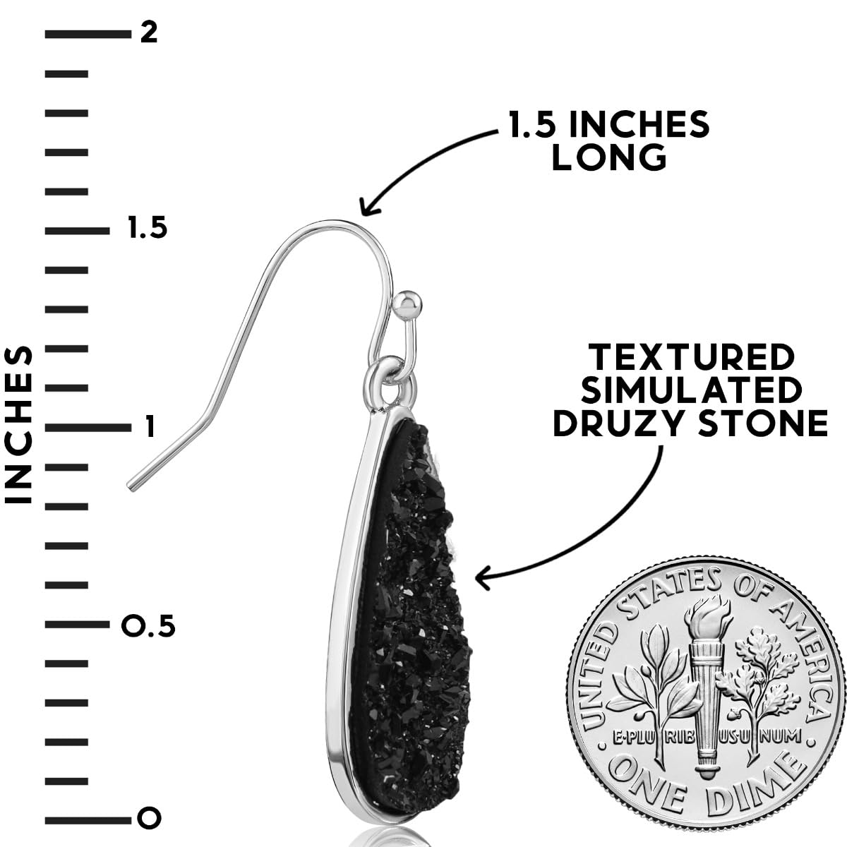 Black and Silver Tone Earrings for Women - Black Dangle Earrings for Women, Simulated Druzy Hanging Teardrop Dangles, Bohemian Silver Tone Sparkly Boho Long Tear Drops, Elegant Dangling Dangly Drop