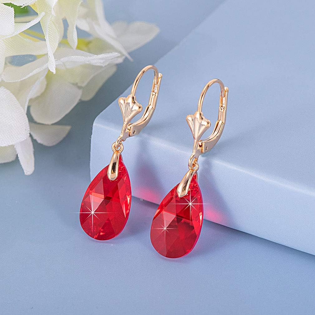 Austrian Crystal Teardrop Leverback Dangle Earrings for Women Fashion 14K Gold Plated Hypoallergenic Jewelry (Red)