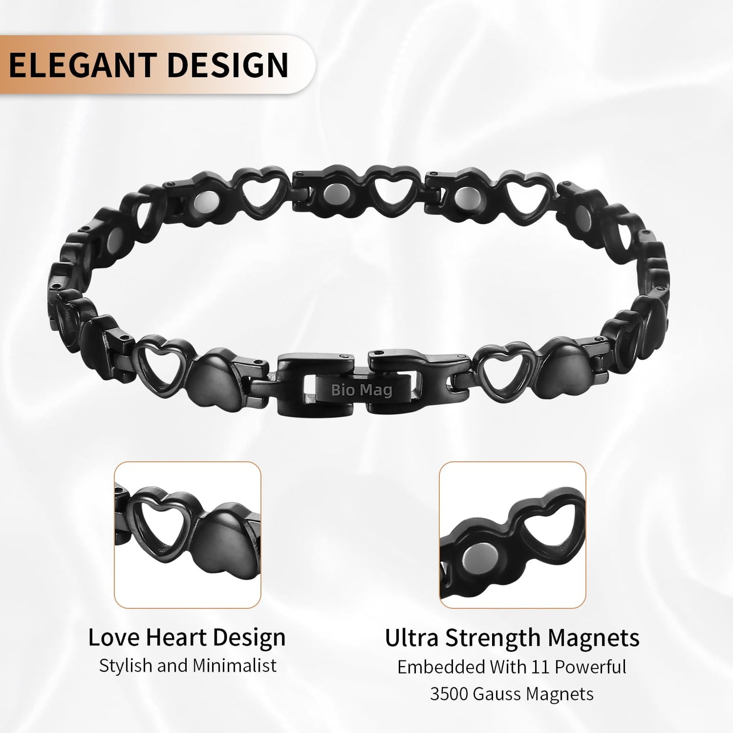 BioMag Magnetic Bracelets for Women Heart-shaped Titanium Steel Bracelet with 10pcs 3500 Gauss Magnets Jewelry Gift with Sizing Tool (Black)