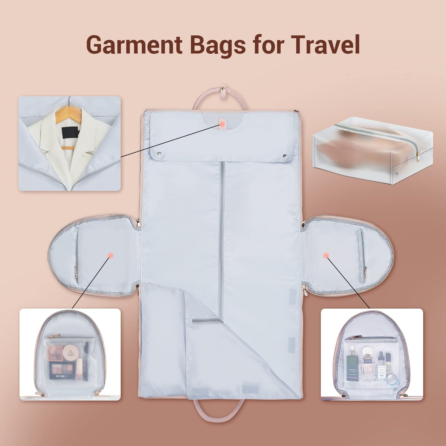 Garment Bags for Travel, Convertible Suit Travel Bag for Women, Stylish Carry On Garment Bag with Toiletry Pocket, Shoulder Strap and Shoes Compartment, 2 in 1 Foldable PU Leather Duffle Bag, Pink