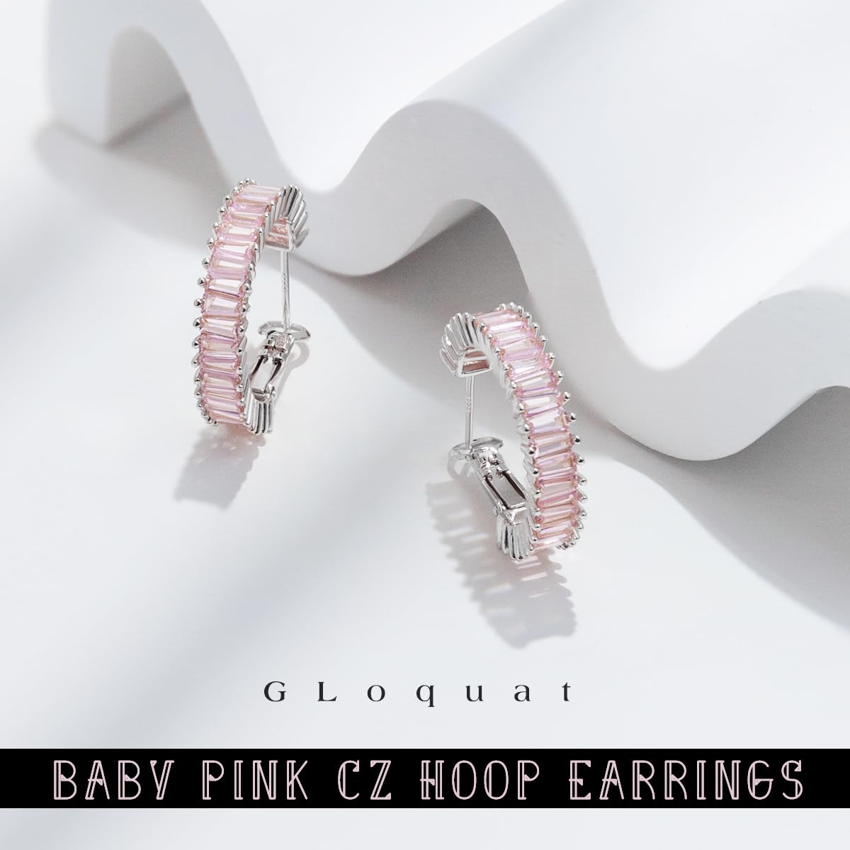 GLOQUAT Baby Pink CZ Hoop Earrings White Gold Plated Light Pink Hoops for Women 925 Sterling Silver Post Vintage Baguette Cubic Zirconia Earrings Trendy Pink Round Circle Hoops for Women Jewelry 25mm