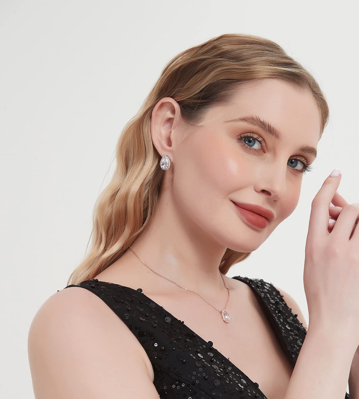 UDYLGOON Teardrop Cubic Zirconia Jewelry Set Necklace Earrings Bracelet Bridal Wedding Jewelry for Women Bridesmaid Prom Party (3 Set - Rose Gold Plated)