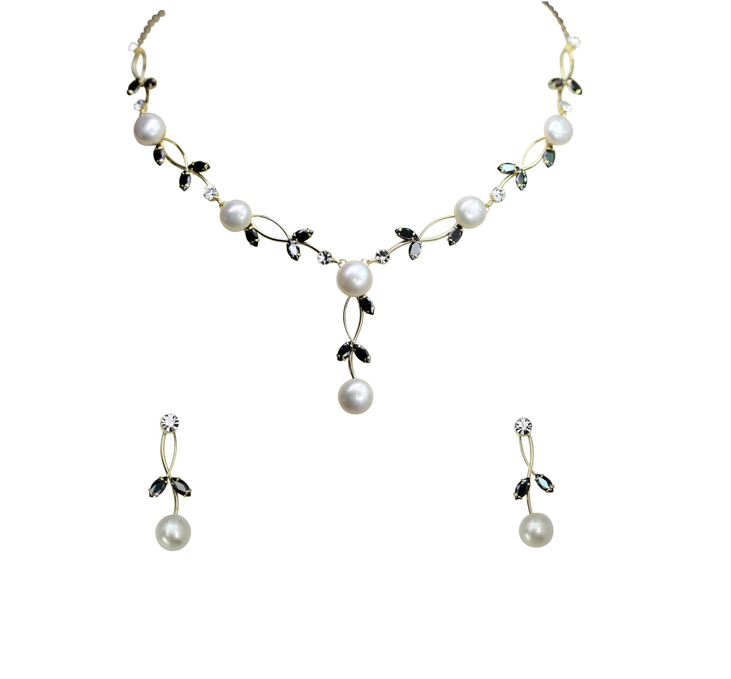 Faship Gorgeous Black CZ Crystal Genuine Freshwater Pearls Floral Necklace Earrings Set - Black/Gold Plated