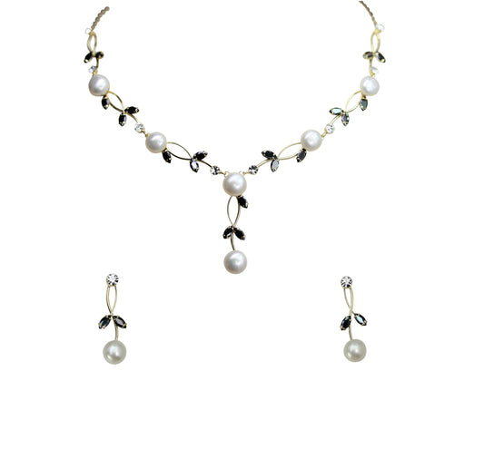 Faship Gorgeous Black CZ Crystal Genuine Freshwater Pearls Floral Necklace Earrings Set - Black/Gold Plated